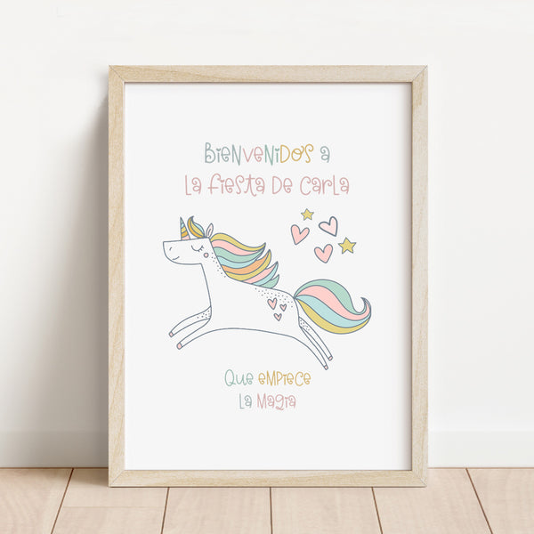 Lámina de bienvenida personalizada temática unicornio de 30x40 cm con arcoíris en tonos pastel para decorar cumpleaños infantil