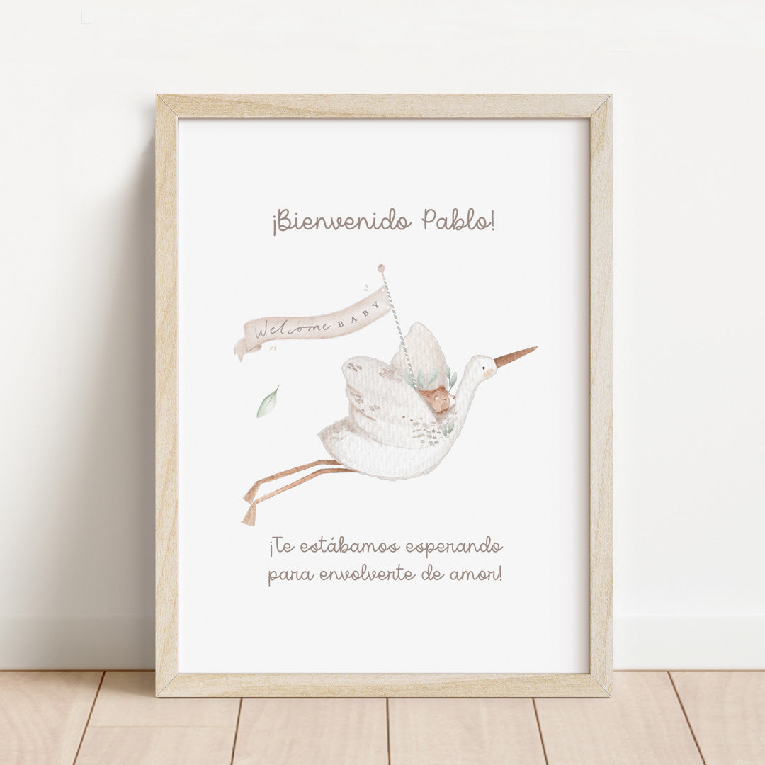 Lámina de bienvenida personalizada para fiesta de nacimiento de 30x40 cm con cigüeña ilustrada