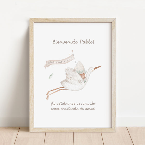 Lámina de bienvenida personalizada para fiesta de nacimiento de 30x40 cm con cigüeña ilustrada