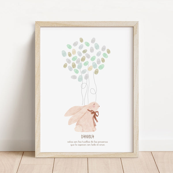 Lámina de huellas personalizada temática baby shower de 30x40 cm con conejito y estampado vichy beige