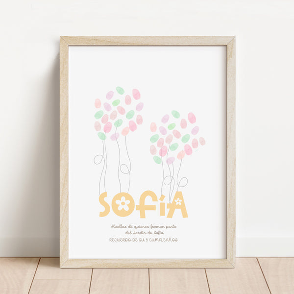 Lámina de huellas personalizada temática primavera de 30x40 cm con estampado vichy amarillo y margaritas para recuerdo de cumpleaños infantil