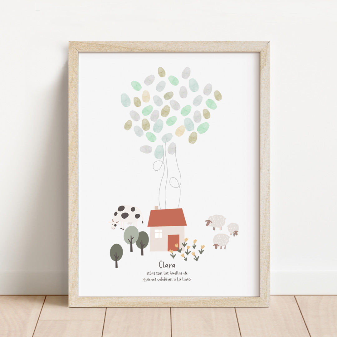 Lámina de huellas personalizada temática granja de 30x40 cm con vaca y ovejas ilustradas para recuerdo de cumpleaños infantil