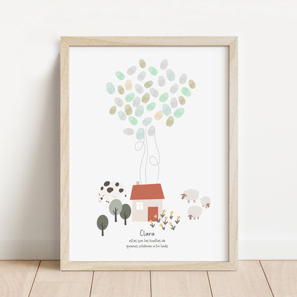Lámina de huellas personalizada temática granja de 30x40 cm con vaca y ovejas ilustradas para recuerdo de cumpleaños infantil