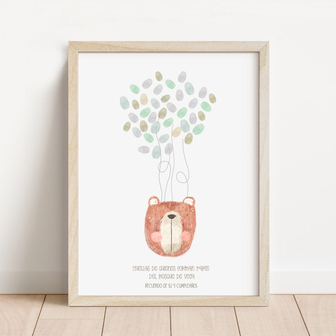 Lámina de huellas personalizada temática animales del bosque de 30x40 cm con oso, zorro y ciervo para recuerdo de cumpleaños infantil