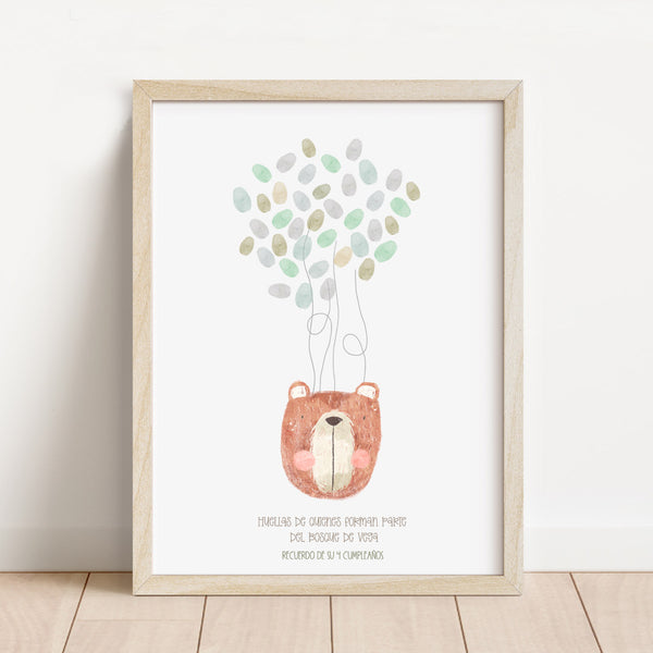Lámina de huellas personalizada temática animales del bosque de 30x40 cm con oso, zorro y ciervo para recuerdo de cumpleaños infantil