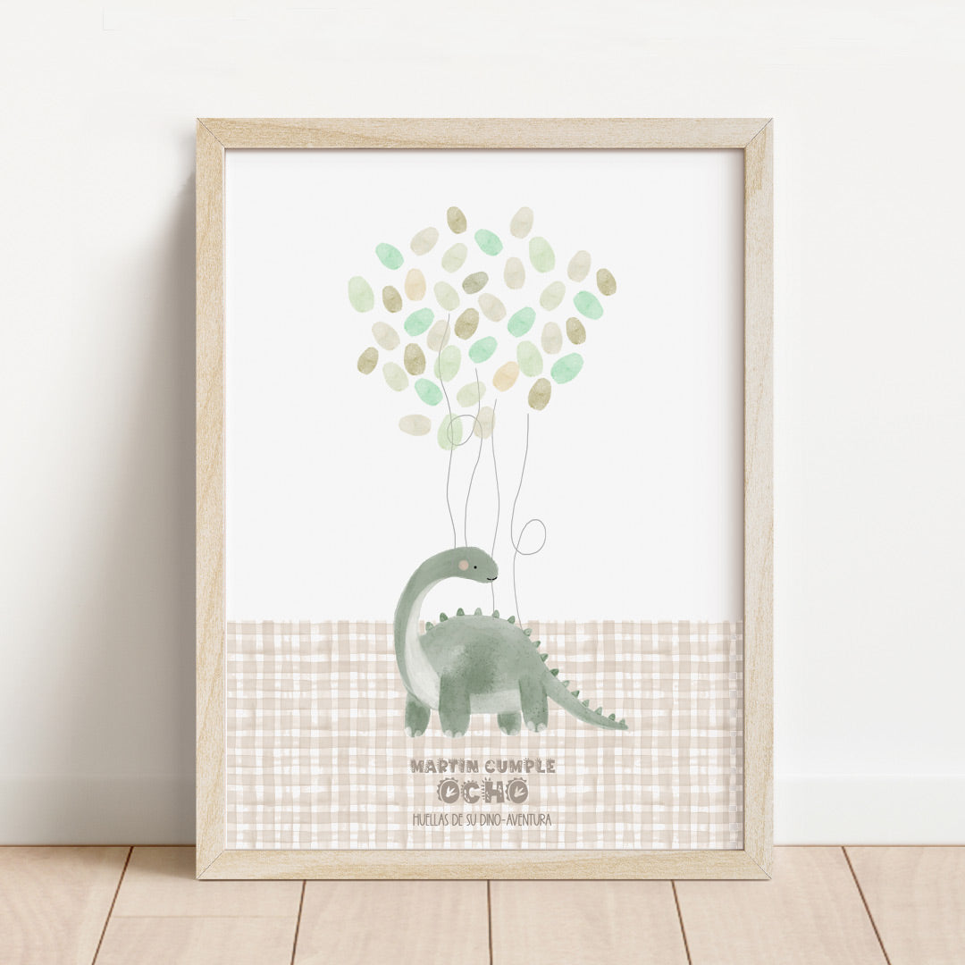 Lámina de huellas personalizada temática dinosaurio de 30x40 cm con estampado vichy beige para recuerdo de cumpleaños infantil