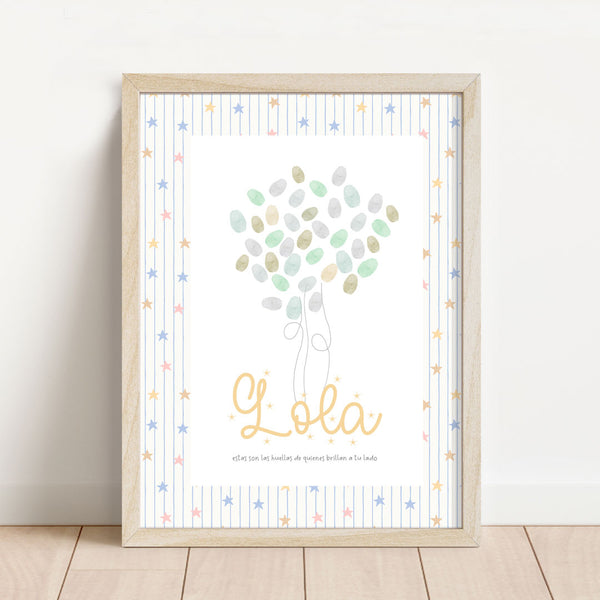 Lámina de huellas personalizada temática nubes y estrellas de 30x40 cm con estrellitas pastel para recuerdo de cumpleaños infantil