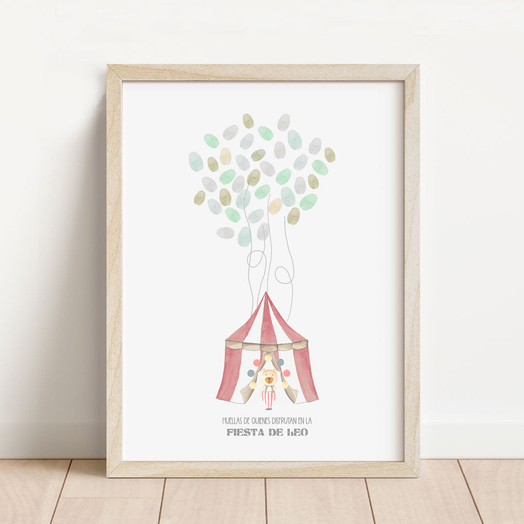 Lámina de huellas personalizada temática circo de 30x40 cm con estampado de rombos azules para recuerdo de cumpleaños infantil