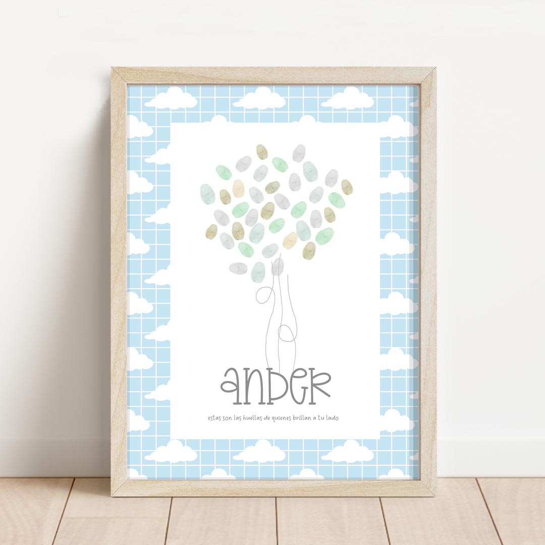Lámina de huellas personalizada temática nubes de 30x40 cm con fondo de cuadrícula azul para recuerdo de cumpleaños infantil