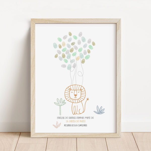 Lámina de huellas personalizada temática safari de 30x40 cm con león, jirafa y cebra para recuerdo de cumpleaños infantil