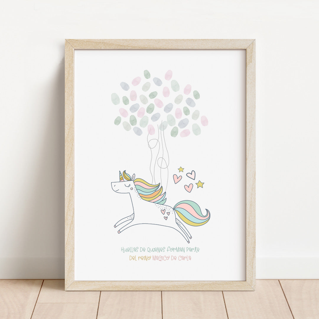 Lámina de huellas personalizada temática unicornio de 30x40 cm en tonos pastel para recuerdo de cumpleaños infantil