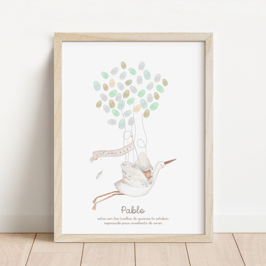 Lámina de huellas personalizada temática fiesta de nacimiento de 30x40 cm con cigüeña ilustrada