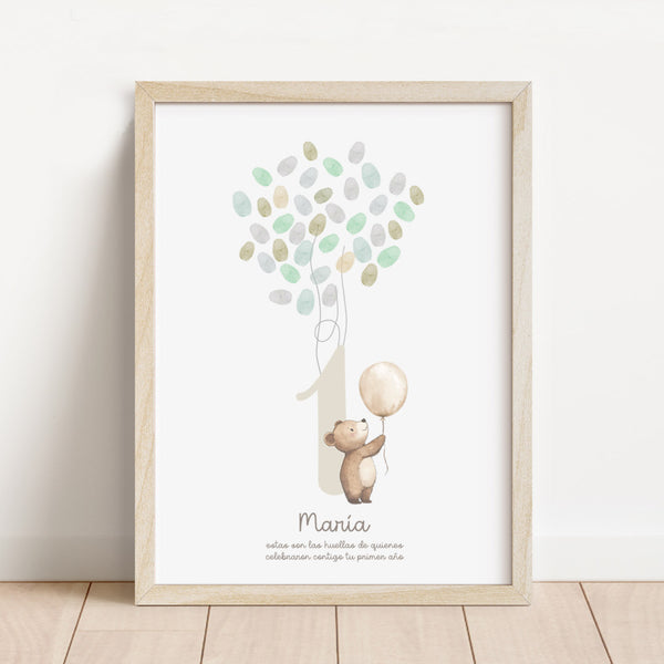 Lámina de huellas personalizada temática primer cumpleaños de 30x40 cm con osito ilustrado