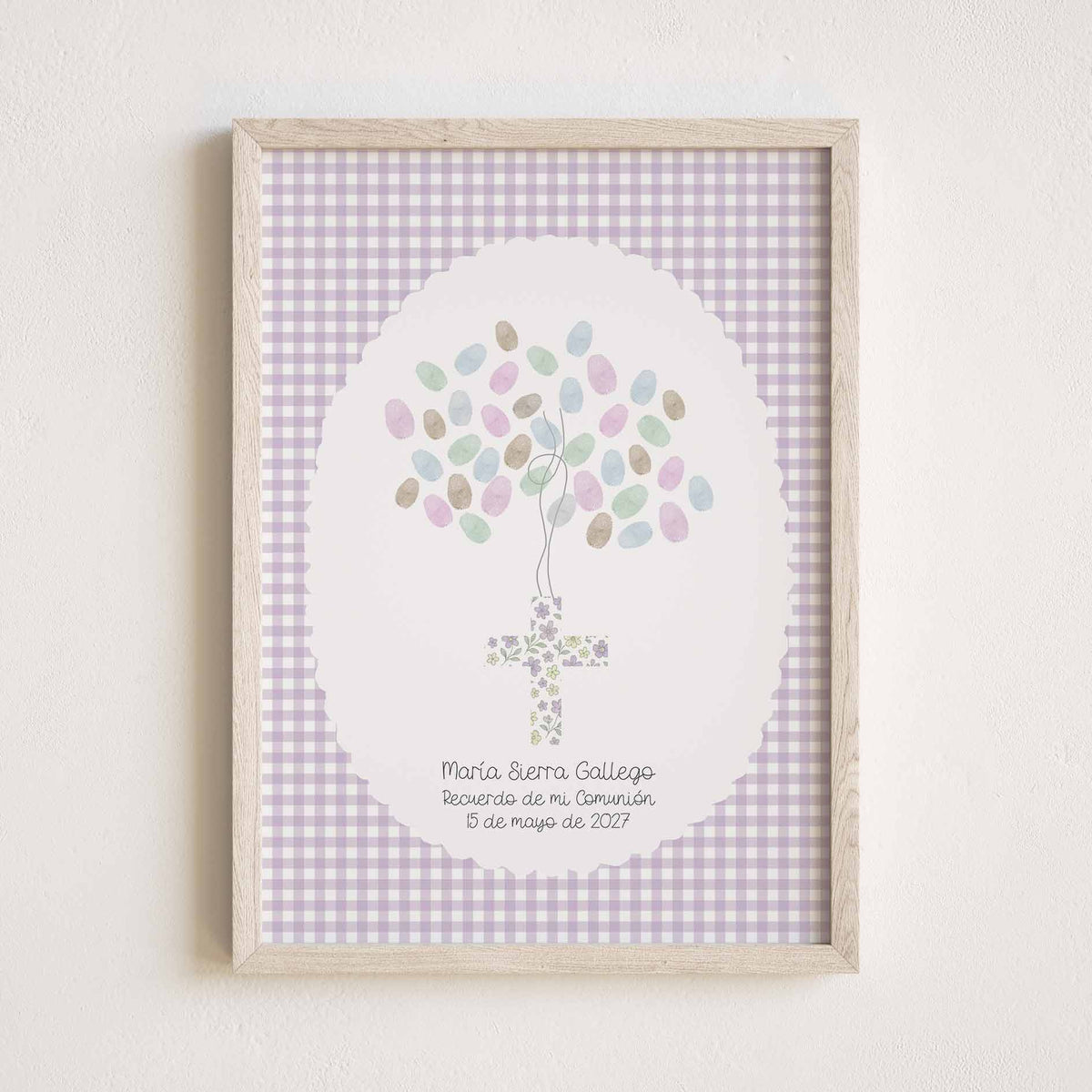Lámina de huellas para Primera Comunión. Diseño Cuadros Vichy con Cruz de Flores. 