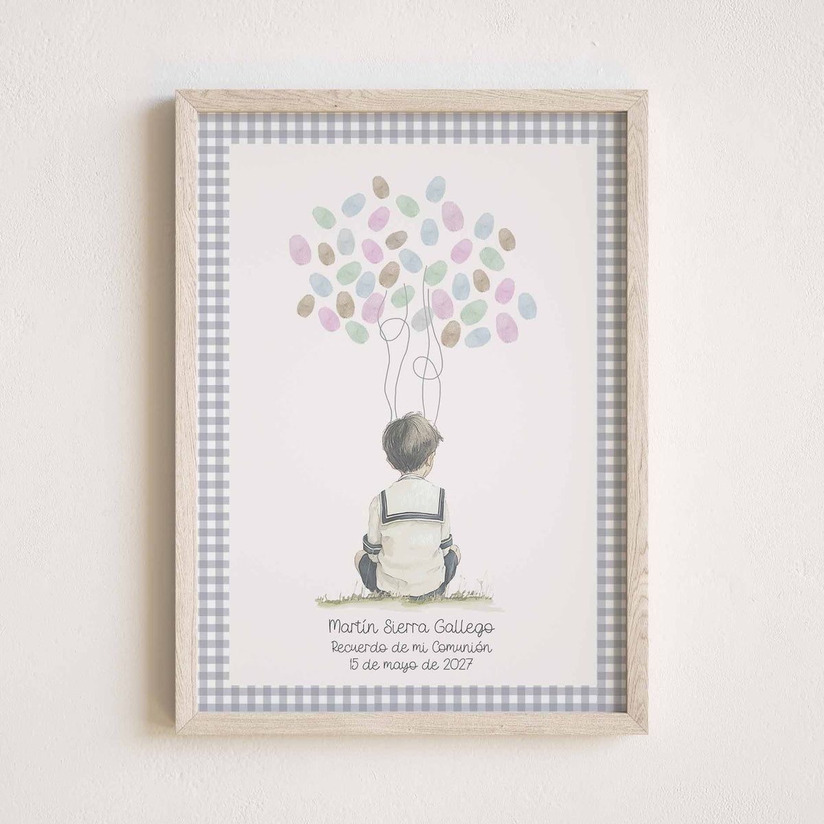 Lámina de huellas para Primera Comunión. Diseño Cuadros Vichy con ilustración de Niño Marinero. 