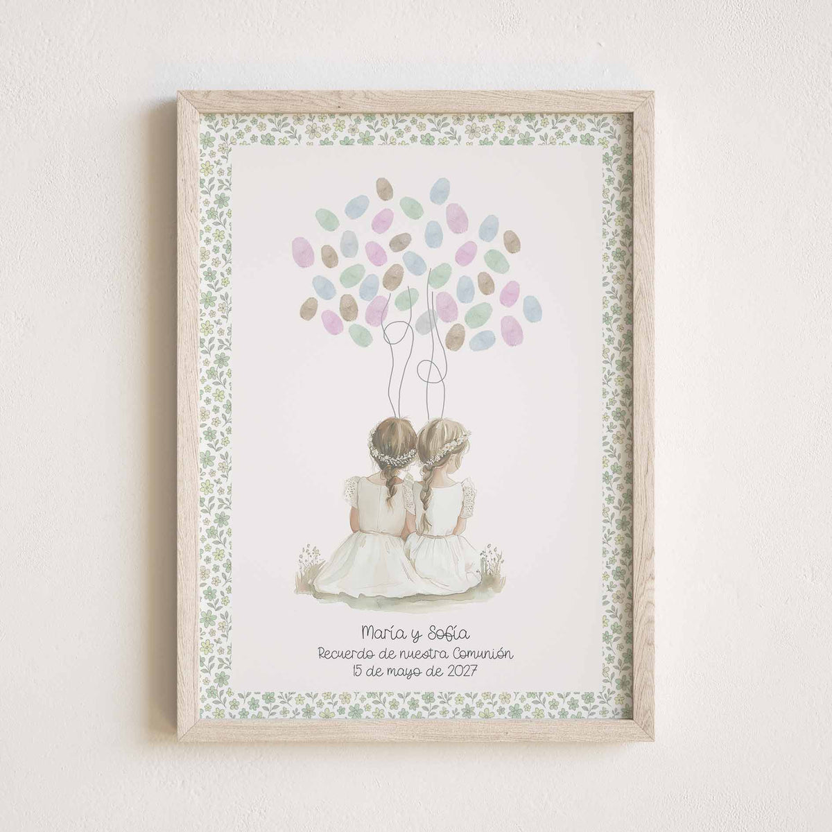 Lámina de huellas para Primera Comunión. Diseño Flores Liberty con ilustración de Hermanas. 