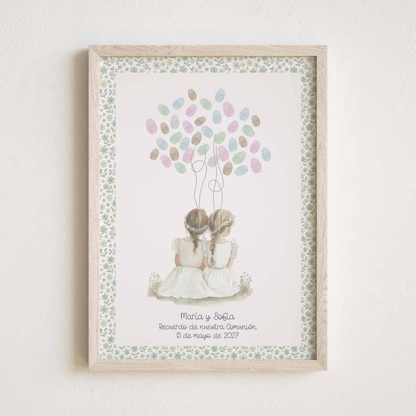 Lámina de huellas para Primera Comunión. Diseño Flores Liberty con ilustración de Hermanas. 