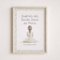Lámina para Mesa Dulce de Primera Comunión. Diseño Flores Liberty con ilustración de Niña. 