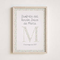 Lámina para Mesa Dulce de Primera Comunión. Diseño Flores Liberty con Inicial de Flores. 