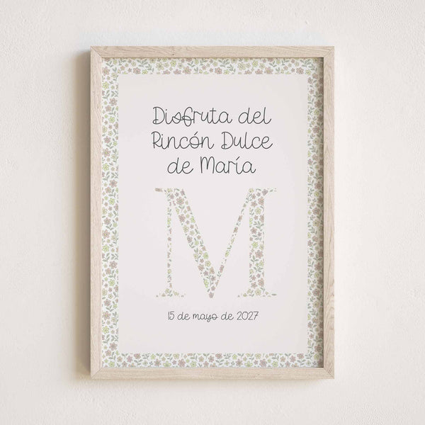 Lámina para Mesa Dulce de Primera Comunión. Diseño Flores Liberty con Inicial de Flores. 
