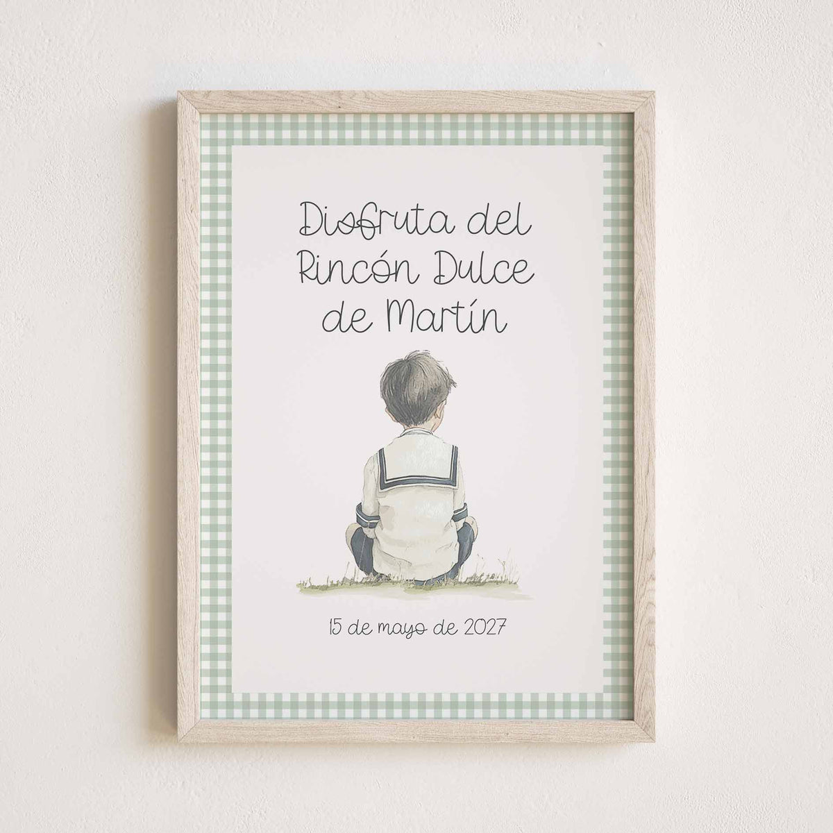 Lámina para Mesa Dulce de Primera Comunión. Diseño Cuadros Vichy con ilustración de Niño Marinero. 
