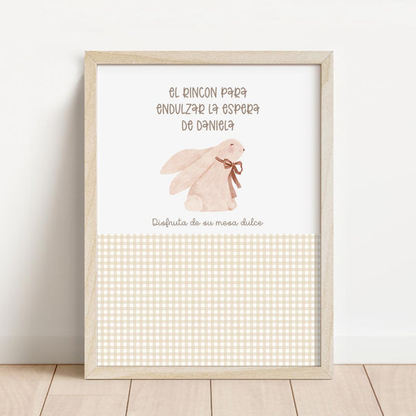 Lámina para mesa dulce personalizada de baby shower de 30x40 cm con conejito y estampado vichy beige