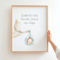 Lámina para mesa dulce de bautizo de la colección cigüeña. 