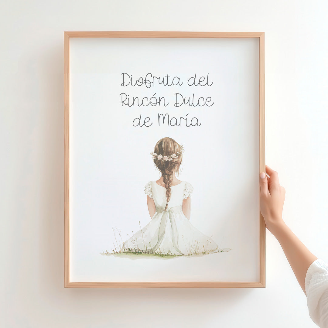 Lámina para mesa dulce de comunión de la colección boho con niña morena. 