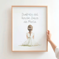 Lámina para mesa dulce de comunión de la colección boho con niña morena. 