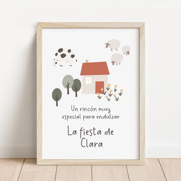 Lámina para mesa dulce personalizada temática granja de 30x40 cm con vaca, ovejas y casita de campo