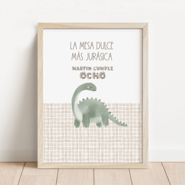 Lámina para mesa dulce personalizada temática dinosaurio de 30x40 cm con estampado vichy beige para cumpleaños infantil