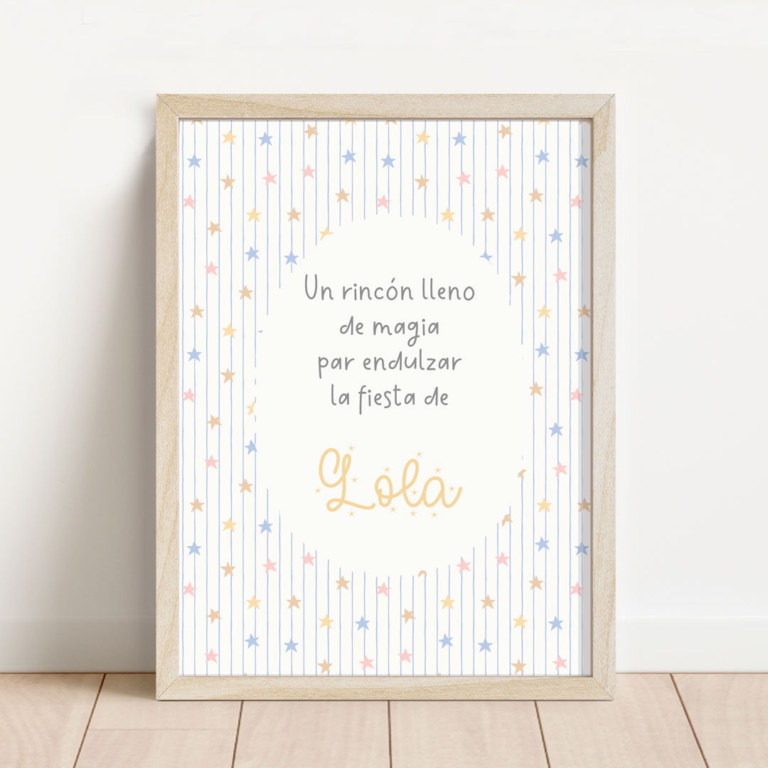 Lámina para mesa dulce personalizada temática nubes y estrellas de 30x40 cm con estrellitas pastel para cumpleaños infantil