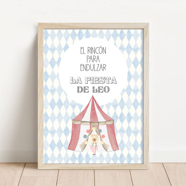 Lámina para mesa dulce personalizada temática circo de 30x40 cm con carpa roja y estampado de rombos azules