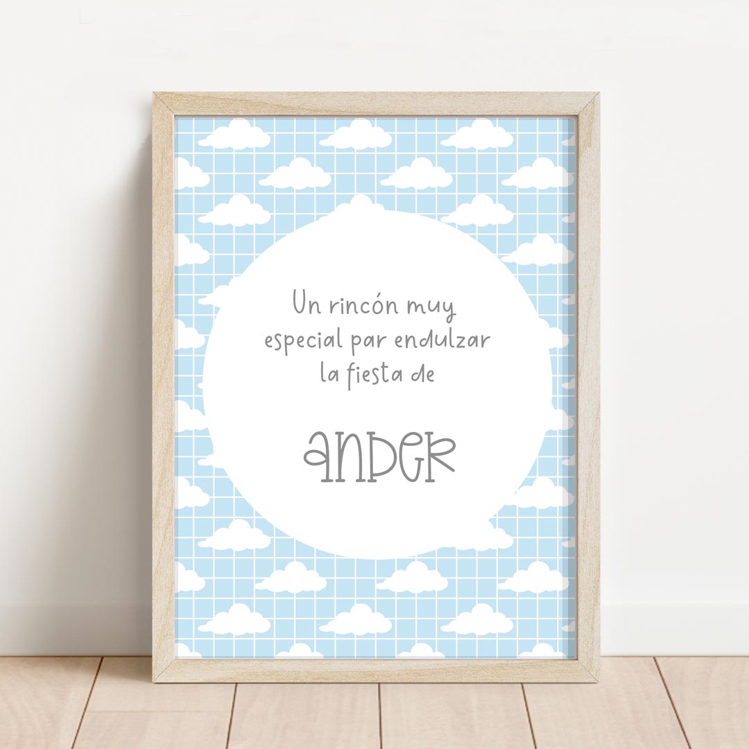 Lámina para mesa dulce personalizada temática nubes de 30x40 cm con fondo de cuadrícula azul para cumpleaños infantil