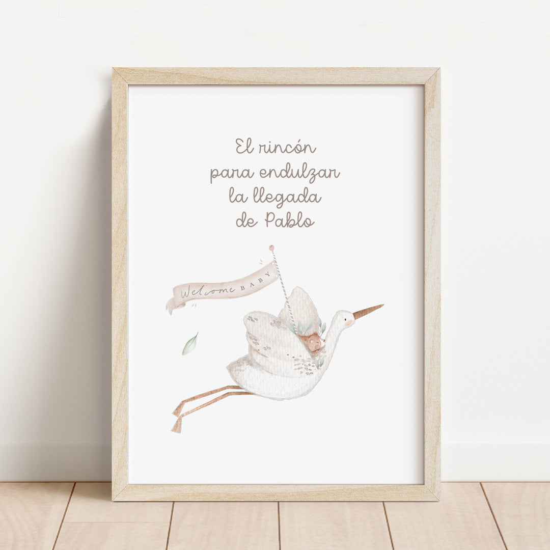 Lámina para mesa dulce personalizada de fiesta de nacimiento de 30x40 cm con cigüeña ilustrada