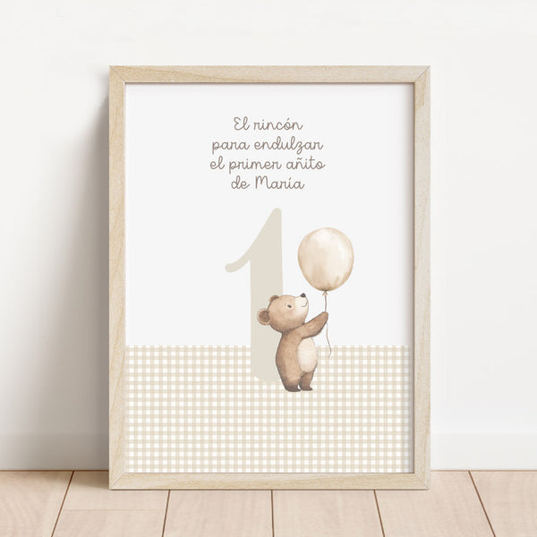 Lámina para mesa dulce personalizada de primer cumpleaños de 30x40 cm con osito y fondo de cuadros vichy beige