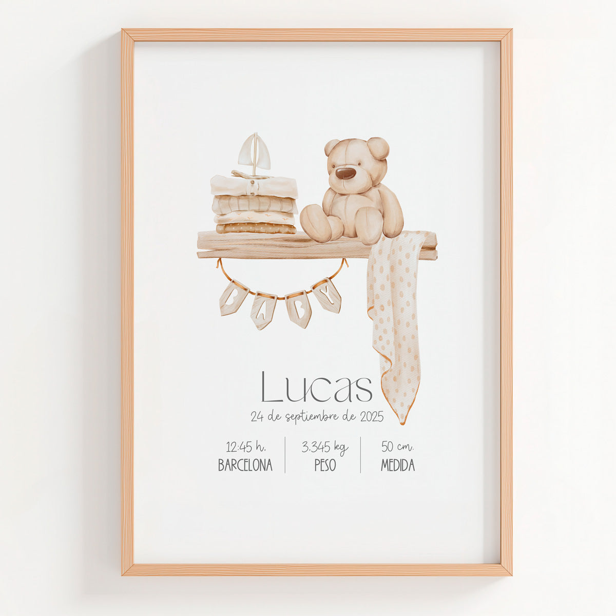 Lámina natalicio personalizada con dibujo de oso estilo boho y datos del nacimiento del bebé.