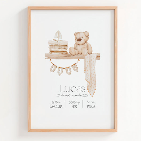 Lámina natalicio personalizada con dibujo de oso estilo boho y datos del nacimiento del bebé.