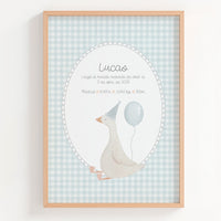 Lámina natalicio personalizada MiAlegría en azul con oca festiva, globo y datos de nacimiento del bebé