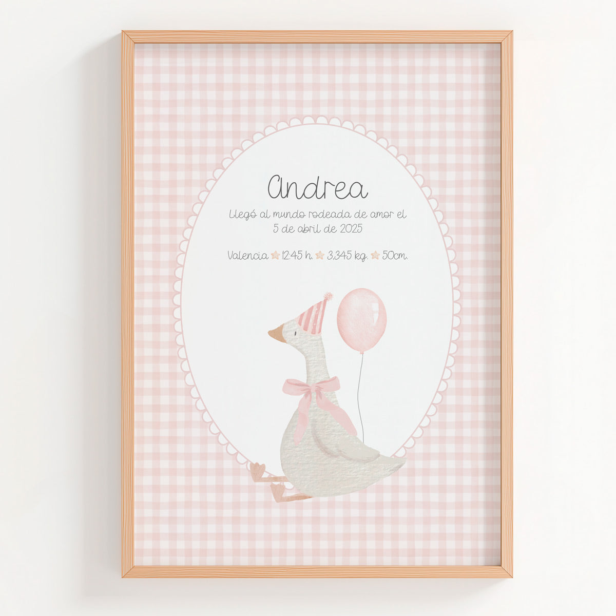 Lámina natalicio personalizada MiAlegría en rosa con oca festiva, globos y datos de nacimiento del bebé