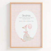 Lámina natalicio personalizada MiAlegría en rosa con oca festiva, globos y datos de nacimiento del bebé