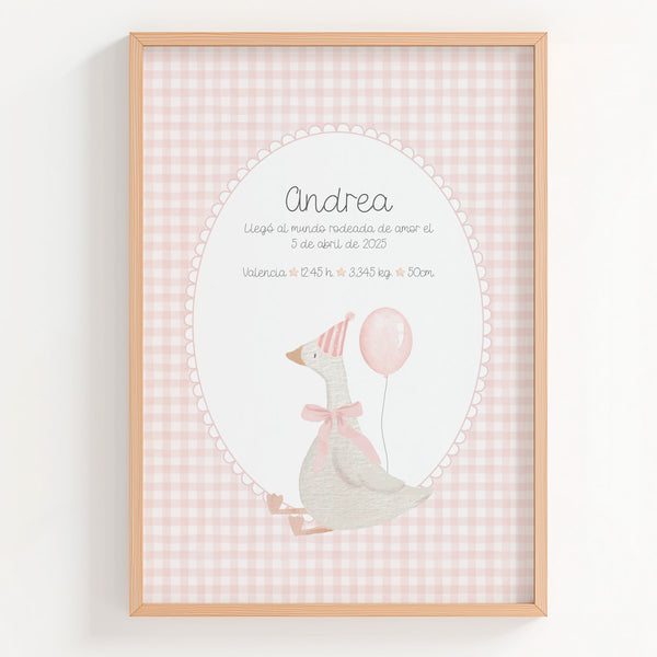 Lámina natalicio personalizada MiAlegría en rosa con oca festiva, globos y datos de nacimiento del bebé