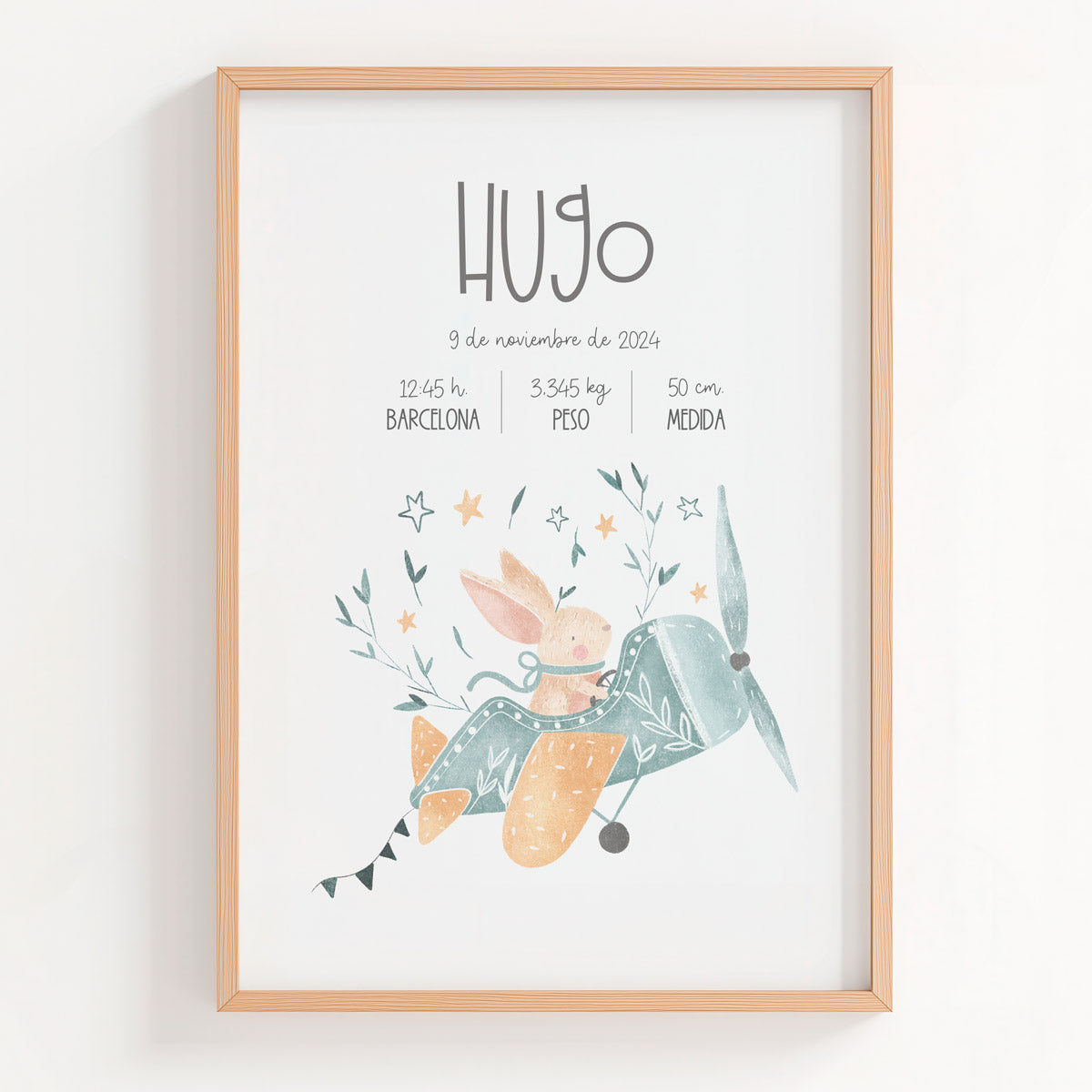Lámina natalicio con datos de bebé con diseño de conejito en avión