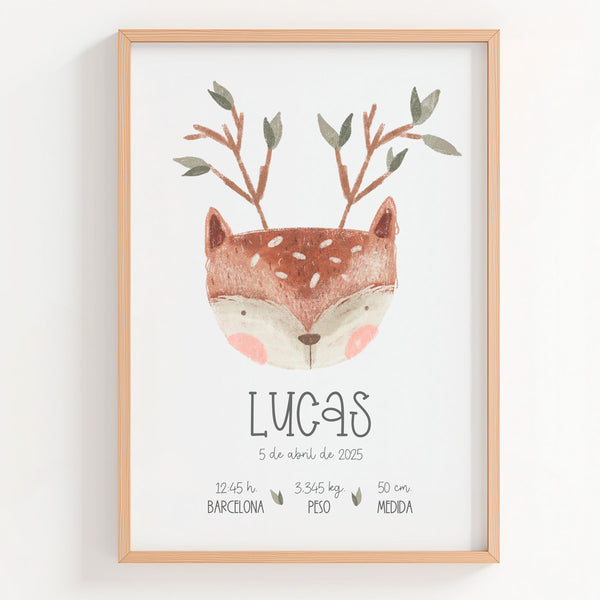 Lámina natalicio personalizada MiBosque con ciervo y datos de nacimiento del bebé