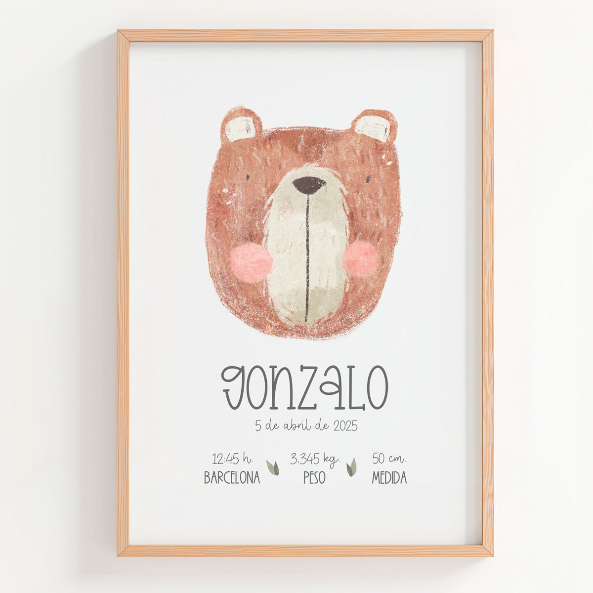 Lámina natalicio personalizada MiBosque con oso y datos de nacimiento del bebé