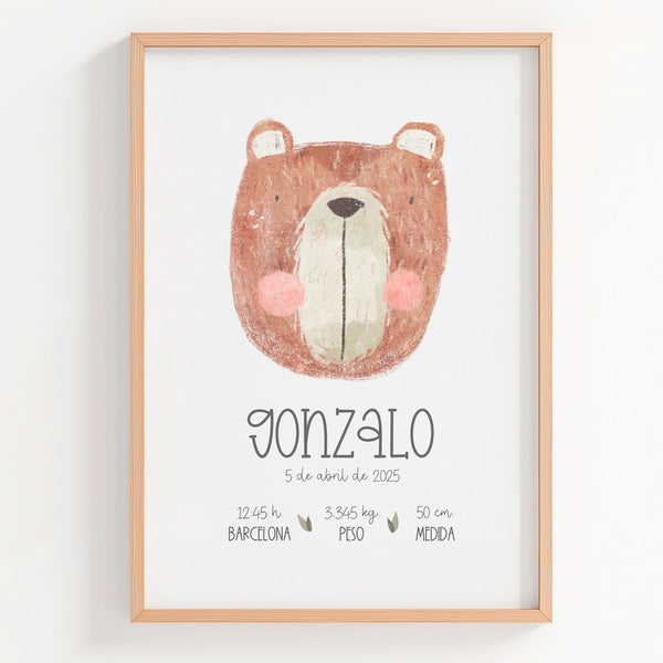 Lámina natalicio personalizada MiBosque con oso y datos de nacimiento del bebé