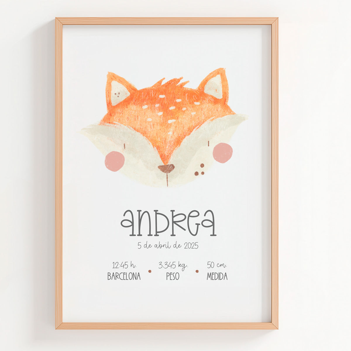 Lámina natalicio personalizada MiBosque con zorro y datos de nacimiento del bebé
