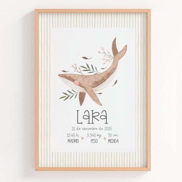 Lámina natalicio MiCalma con ballena en acuarela sobre fondo beis y datos de nacimiento del bebé