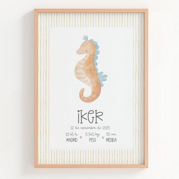 Lámina natalicio personalizada MiCalma con caballito de mar en acuarela y datos de nacimiento del bebé