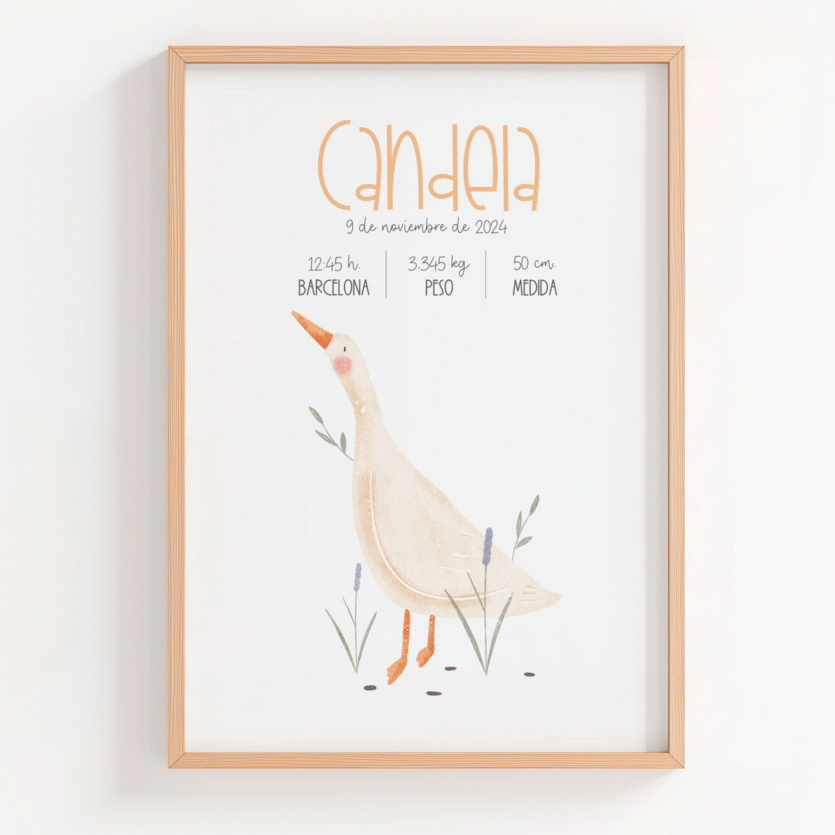 Lámina natalicio con datos del bebé y diseño de Oca. 